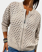 Desiree open-knit zip cardigan in beige, studio