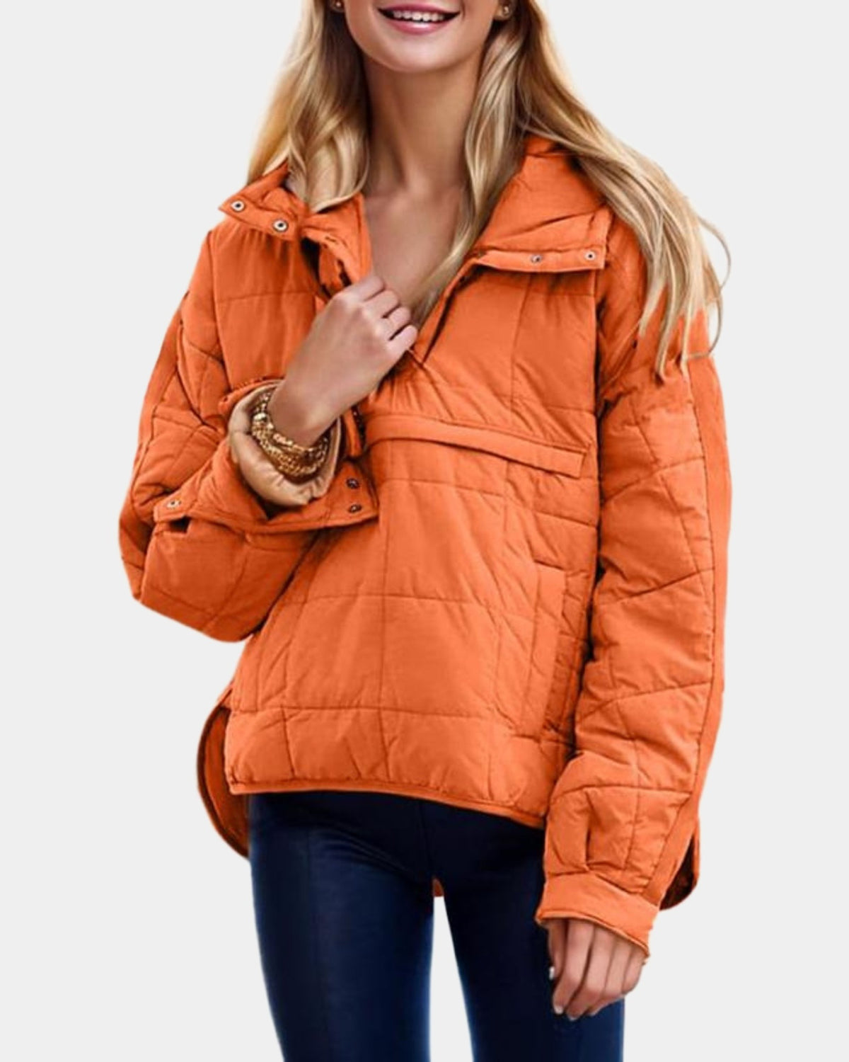 Elodie oversized quilted hooded pullover in orange, studio