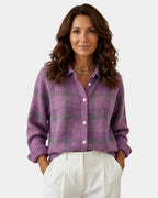 Evelyn checked knit overshirt in purple, studio