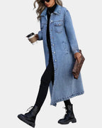 Juliette oversized long denim coat in blue, studio