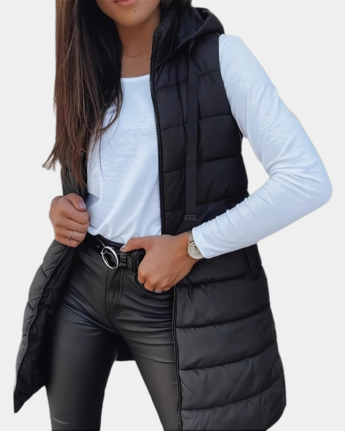 Odette long hooded puffer vest in black, studio