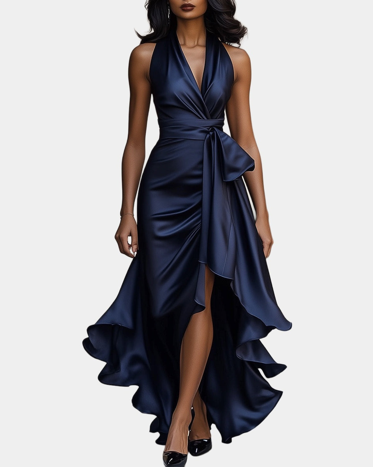 Vivienne plunging halter satin gown, studio