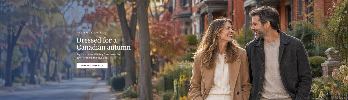 A couple walking along a Toronto street in autumn, dressed in Maison Laurier